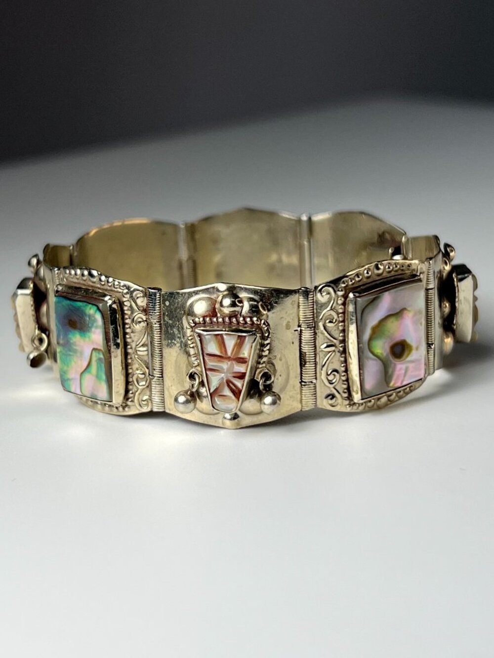 VTG Mexican Sterling Silver Abalone 8 Panel Bracelet Stamped Sterling 925 TAXCO